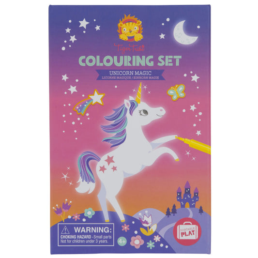 Tiger Tribe Unicorn Magic colouring set box featuring a white unicorn with purple mane, stars, moon, castle, and flowers on gradient purple-to-orange background