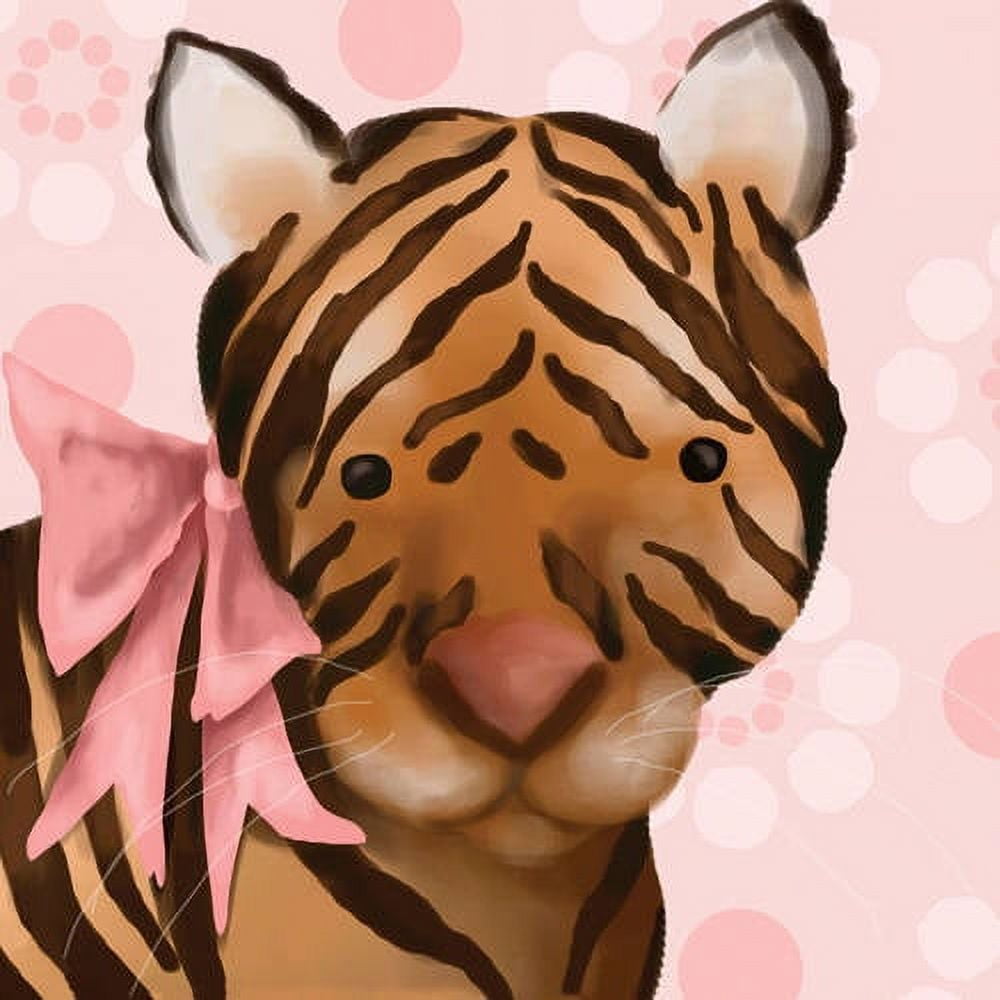 Illustration of a tiger with orange and brown striped face, white ears, and pink bow, against a pink circle background