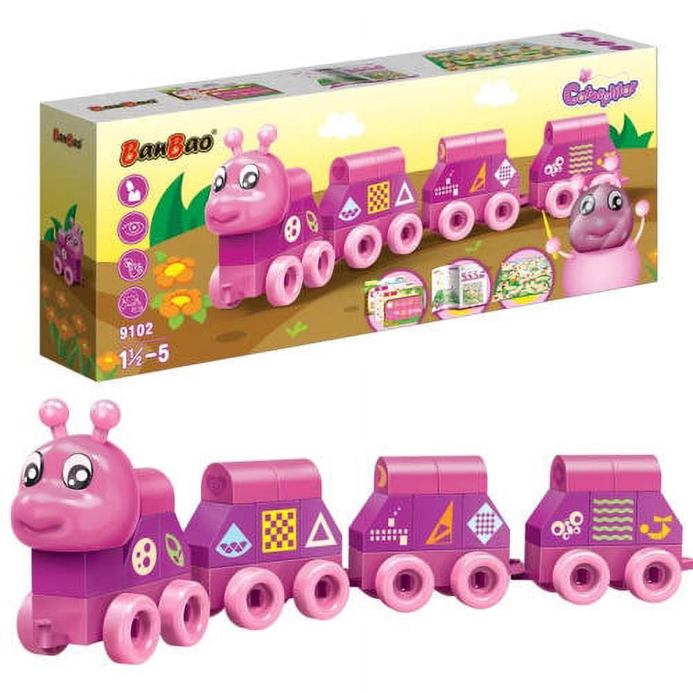 Pink BanBao caterpillar train set with character engine and three connecting cargo cars featuring colorful symbols, shown in packaging and assembled below