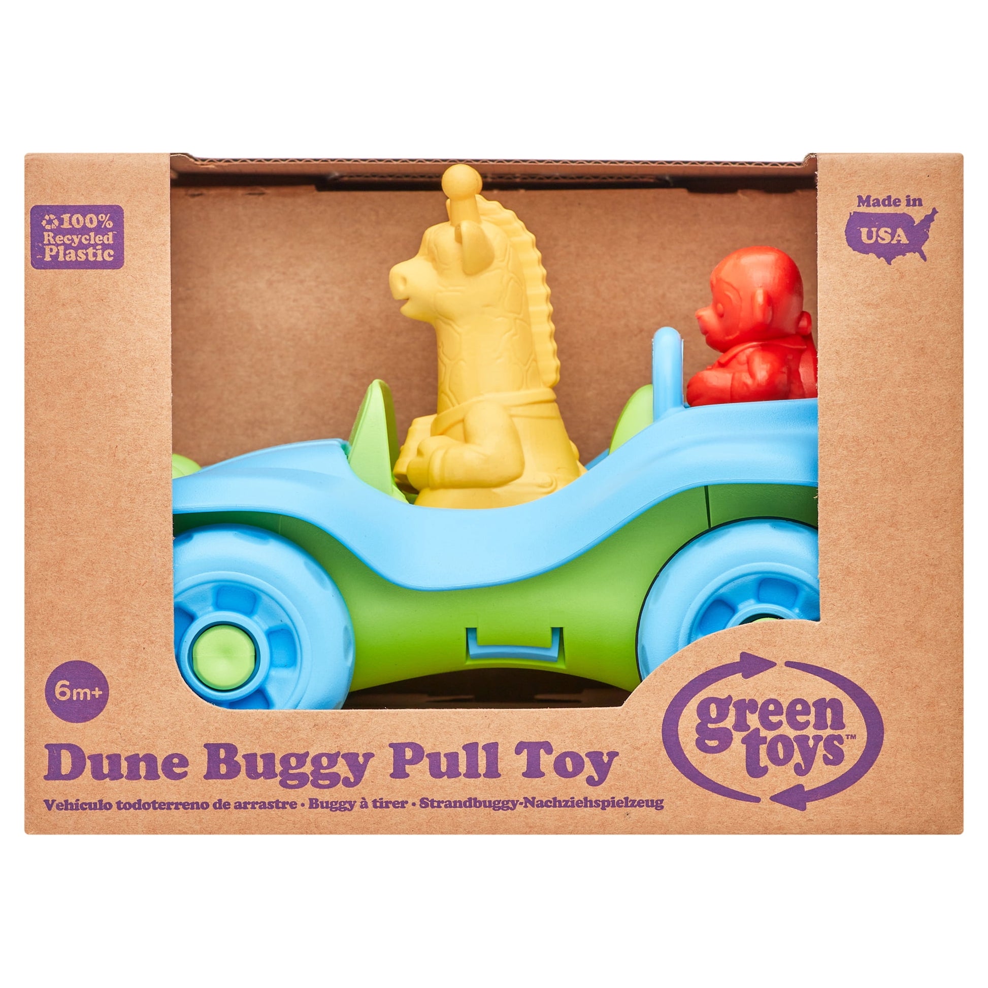 Green Toys Dune Buggy Pull Toy with yellow seahorse figure and red octopus, blue wheels, in recycled plastic packaging marked Made in USA