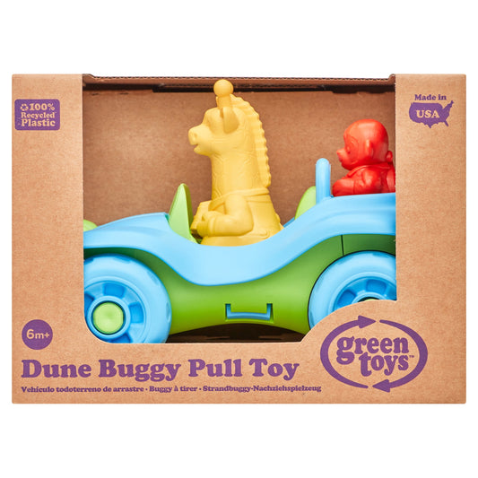 Green Toys Dune Buggy Pull Toy with yellow seahorse figure and red octopus, blue wheels, in recycled plastic packaging marked Made in USA