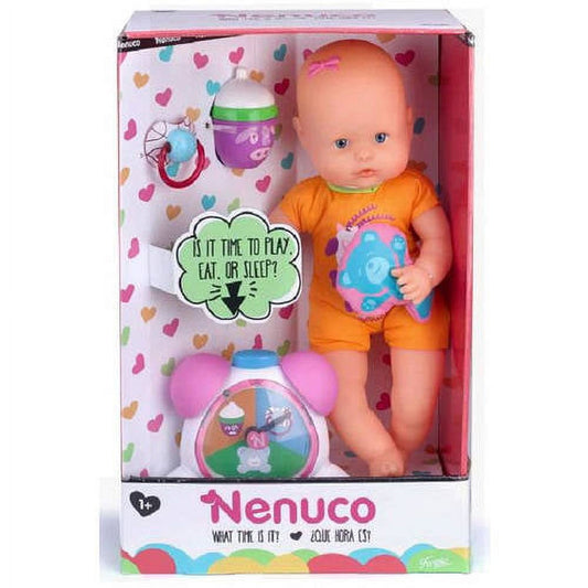 Nenuco 12 inch learning doll in orange outfit with accessories including bottle, pacifier, and interactive toy, displayed in packaging