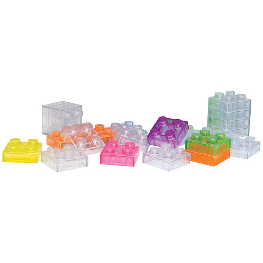 E-Blox Circuit Blox Spacers LED building set with 48 colorful transparent and translucent pieces in yellow, orange, pink, purple, and green on plain background