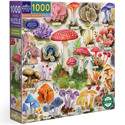 Piece&Love Bountiful Mushrooms 1000 piece puzzle with colorful illustrated mushrooms and botanical designs