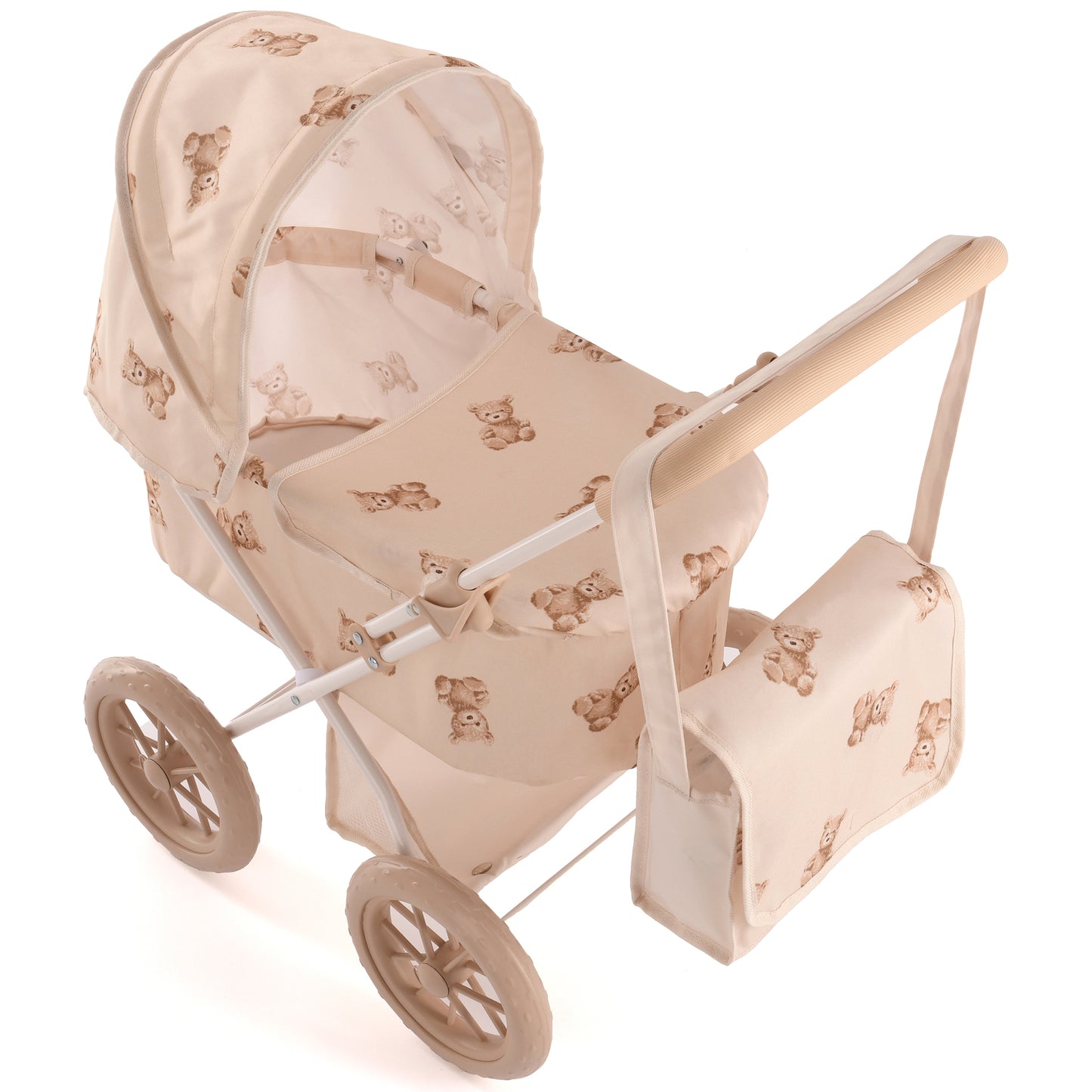 Roma Teddy My First Doll Pram in cream with teddy bear pattern and wooden handle