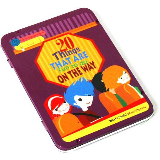 Purple tin box with yellow badge reading '20 Things That Are Fun to do on the Way', featuring colorful illustrated children and activity cards inside