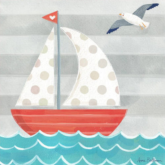 Illustrated sailboat with red hull and polka-dot sails on turquoise water, seagull flying above, heart flag, striped gray background