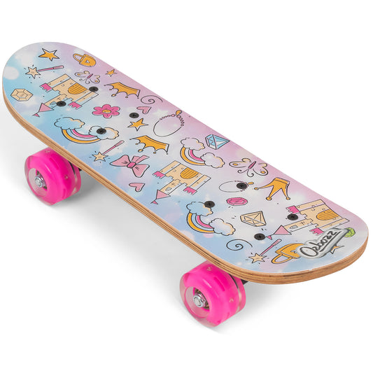 Ozbozz 17" Princess Skateboard with wooden deck featuring blue-to-pink gradient and colorful illustrations of stars, rainbows, flowers, and magical elements, eq