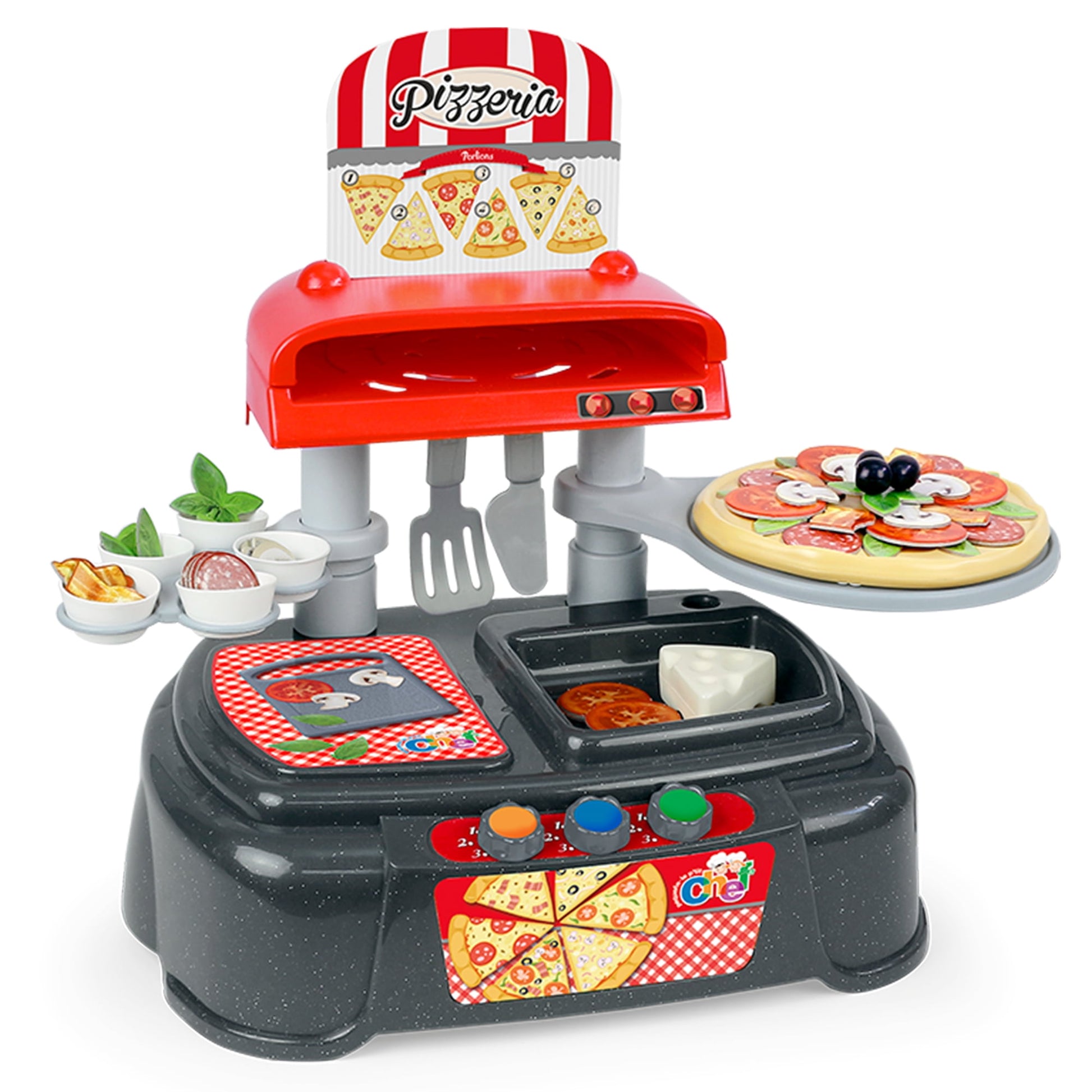 Red and black toy pizzeria playset with oven, cooking station, pizza slices, utensils, and ingredient accessories
