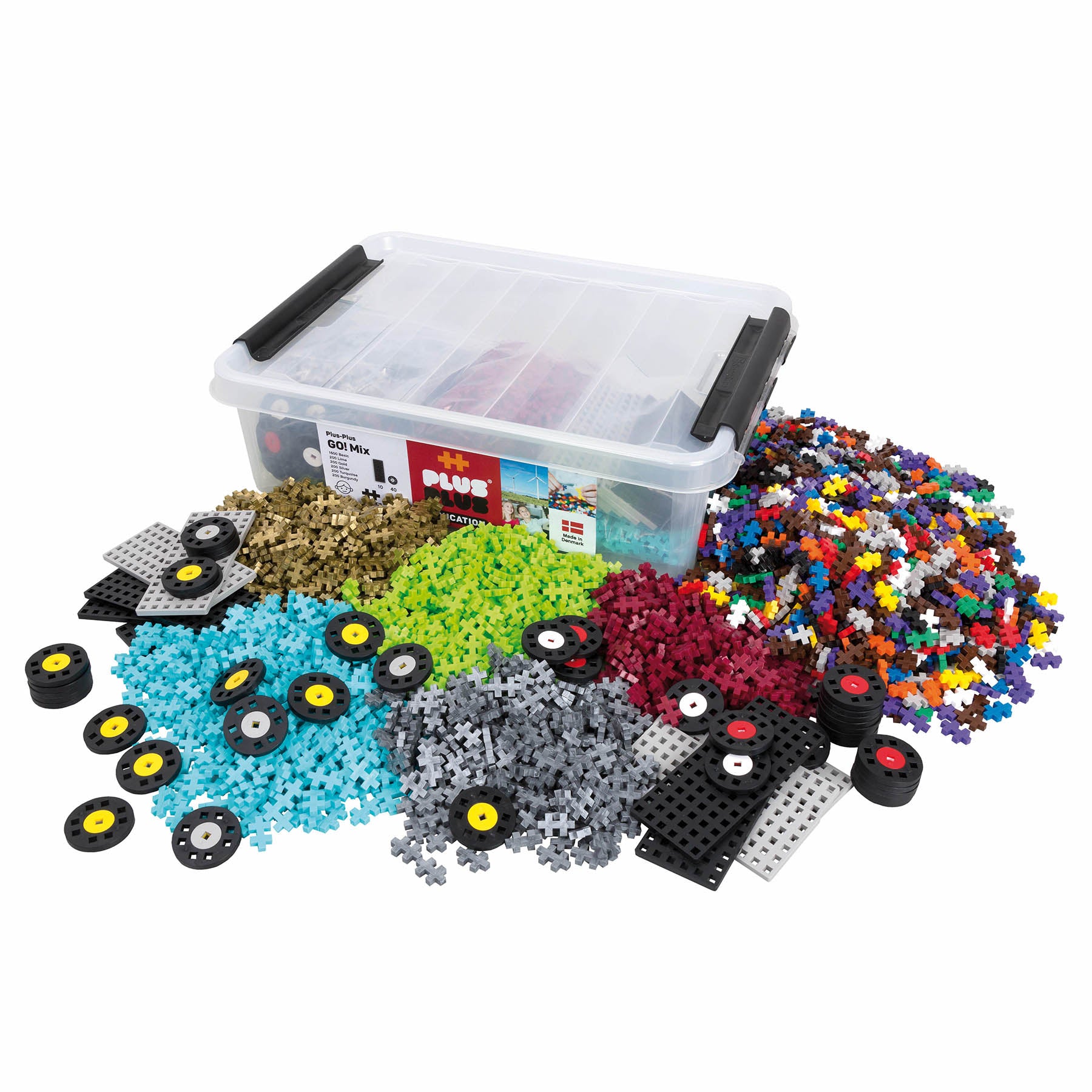 Plus-Plus GO! building set with clear storage tub, colorful plastic bricks in multiple colors, baseplate boards, and black wheels with colored hubs