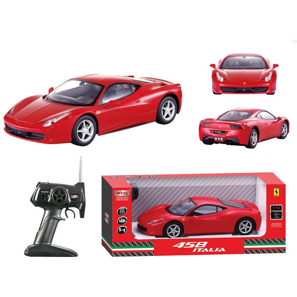 MJX Ferrari 458 Italia remote control car set including red die-cast model, wireless controller, and packaging, shown from multiple angles