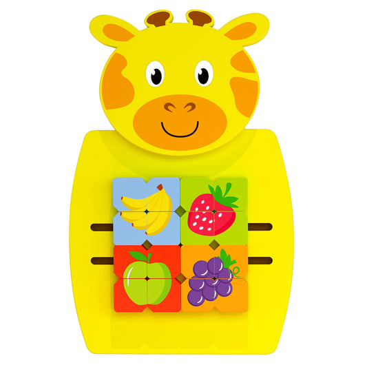 Yellow giraffe activity wall panel with sliding fruit puzzle tiles showing bananas, strawberries, apples, and grapes