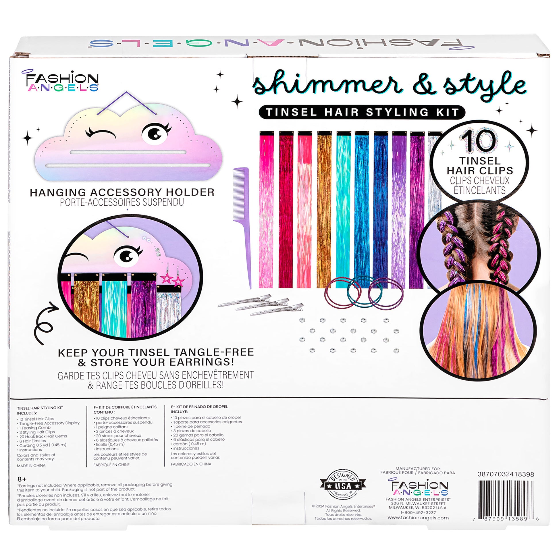 Shimmer & Style Tinsel Hair Styling Kit with 10 colorful hair clips and accessories