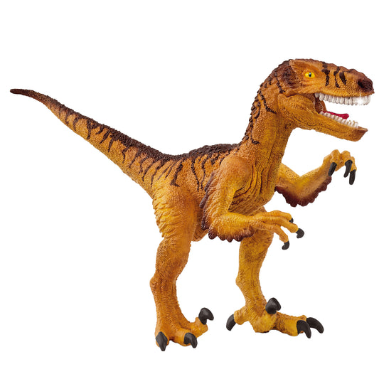 Schleich Velociraptor dinosaur action figure with golden-yellow and brown coloring, movable jaw, and black claws on plain background