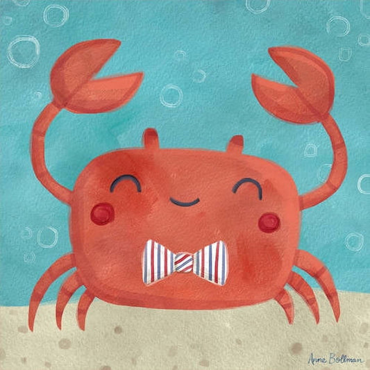 Cute red crab with closed eyes and striped bow tie on turquoise background with sand, illustrated canvas wall art