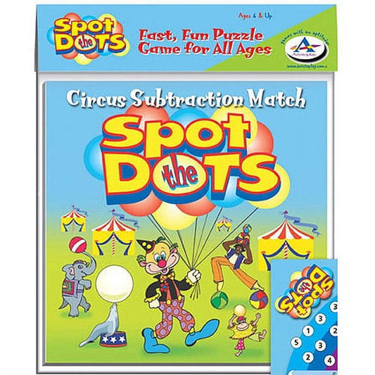 Circus Subtraction Match Spot the Dots game box showing colorful circus-themed illustrations with clown, elephant, seal, and balloons on a lime-green and blue b