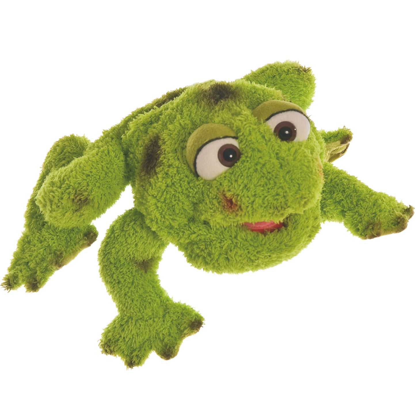 Green fuzzy hand puppet frog with large round eyes, yellow eyebrows, and red mouth on plain background