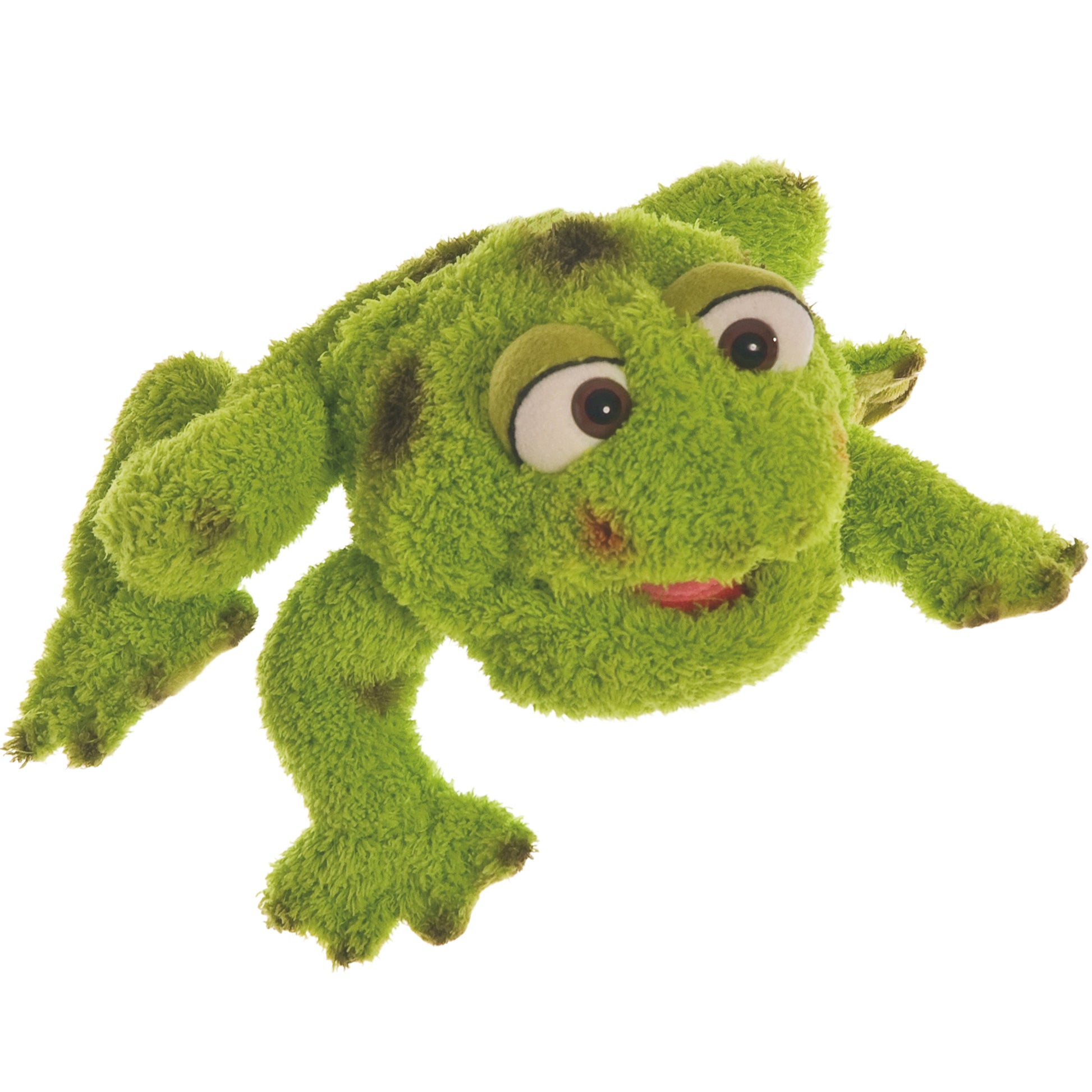 Green fuzzy hand puppet frog with large round eyes, yellow eyebrows, and red mouth on plain background