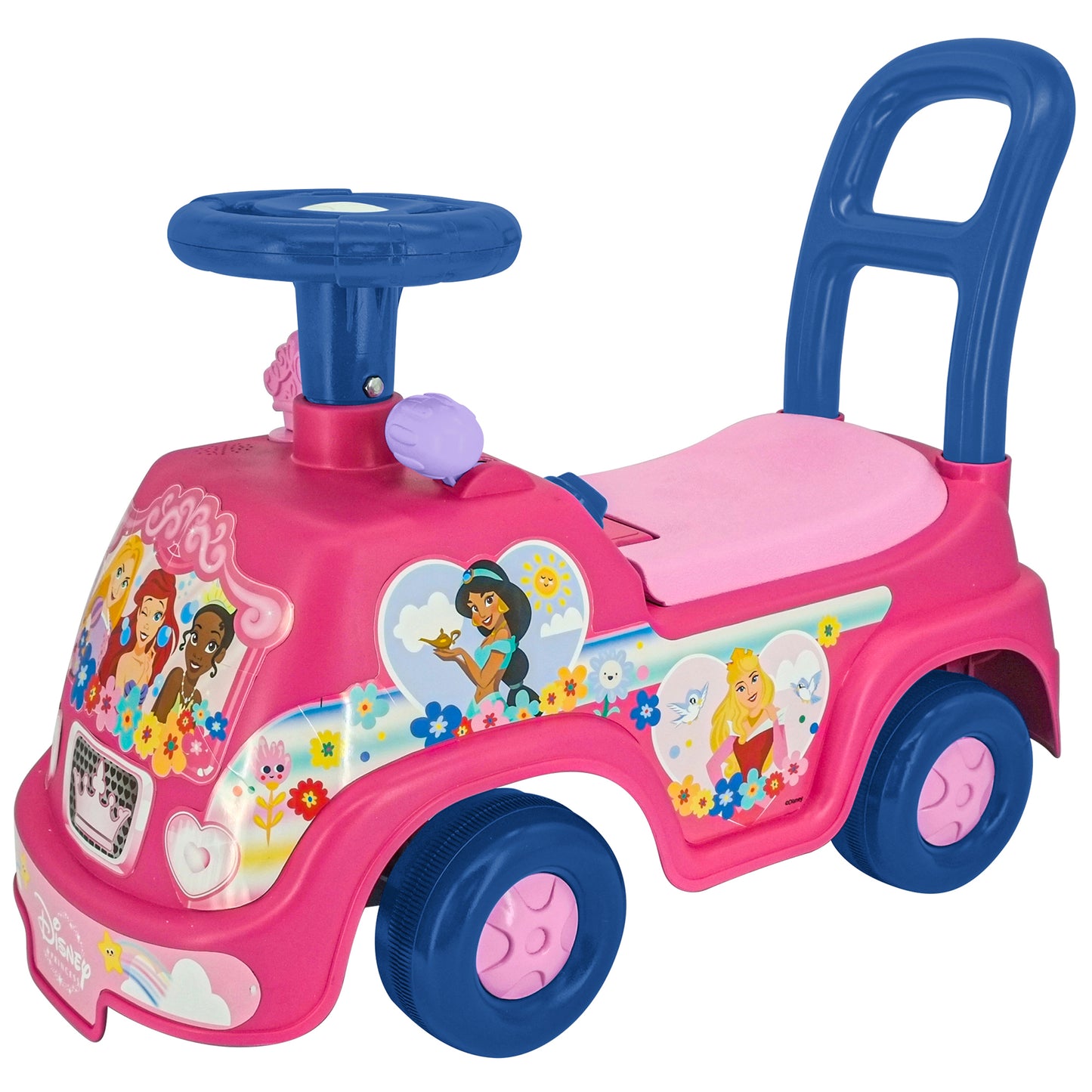 Pink Disney Princess ride-on toy car with blue steering wheel and handles, featuring princess characters and colorful flowers, pink wheels with blue accents