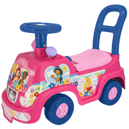 Pink Disney Princess ride-on toy car with blue steering wheel and handles, featuring princess characters and colorful flowers, pink wheels with blue accents