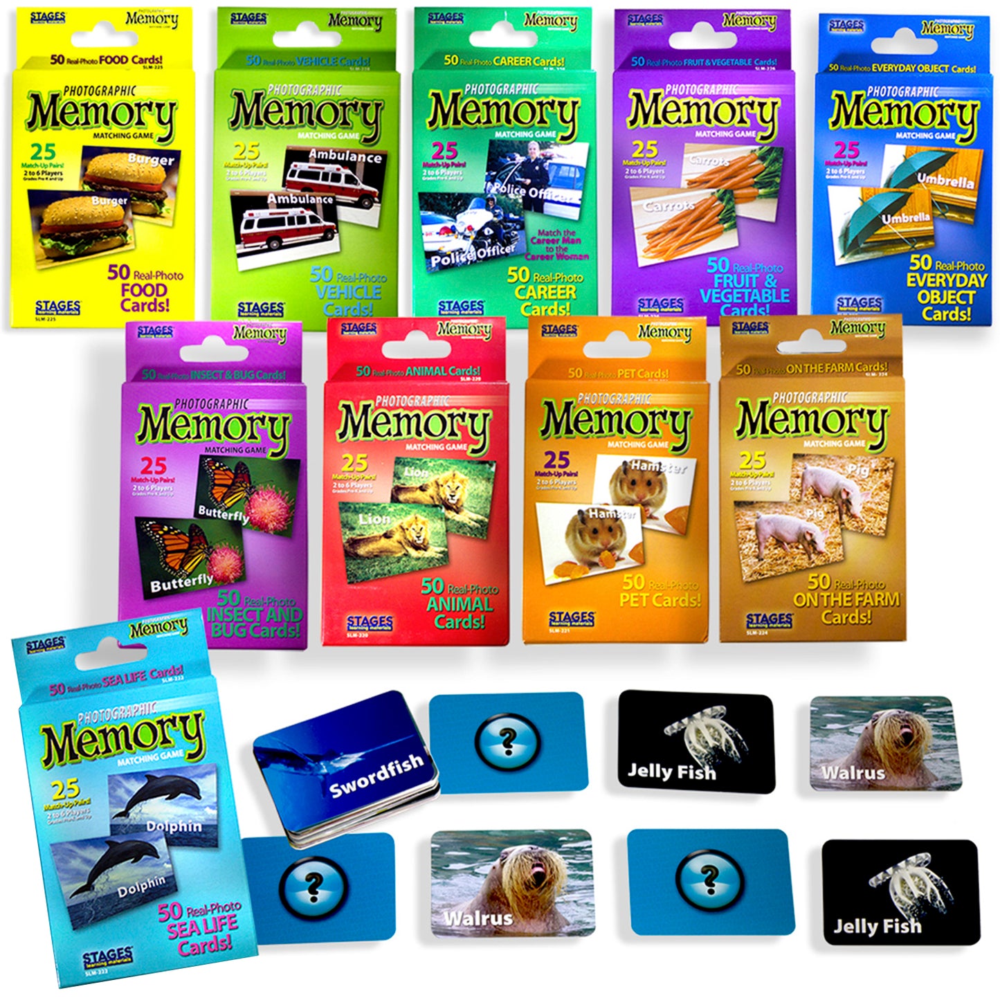 Set of 10 Stages Learning Materials Photographic Memory Matching Games, including Food Cards, Vehicle Cards, Career Cards, Fruit & Vegetable Cards, Everyday Obj