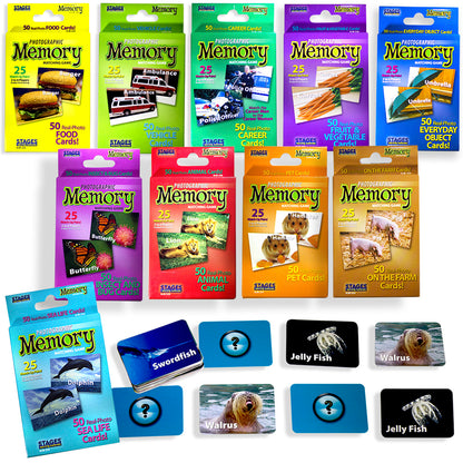 Set of 10 Stages Learning Materials Photographic Memory Matching Games, including Food Cards, Vehicle Cards, Career Cards, Fruit & Vegetable Cards, Everyday Obj