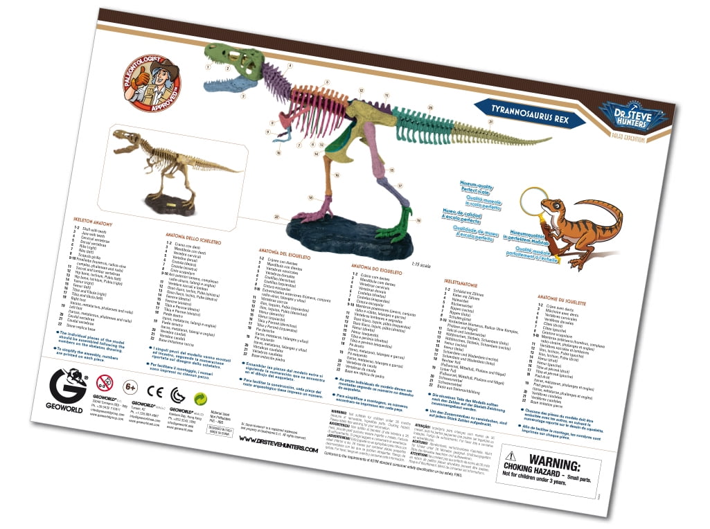 Uncle Milton T. Rex Replica Model Skeleton instruction sheet showing numbered dinosaur bone pieces, anatomical diagrams, and assembly guide with Dr. Steve Hunte