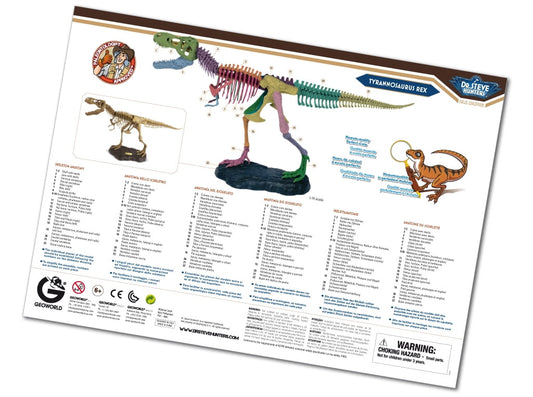 Uncle Milton T. Rex Replica Model Skeleton instruction sheet showing numbered dinosaur bone pieces, anatomical diagrams, and assembly guide with Dr. Steve Hunte