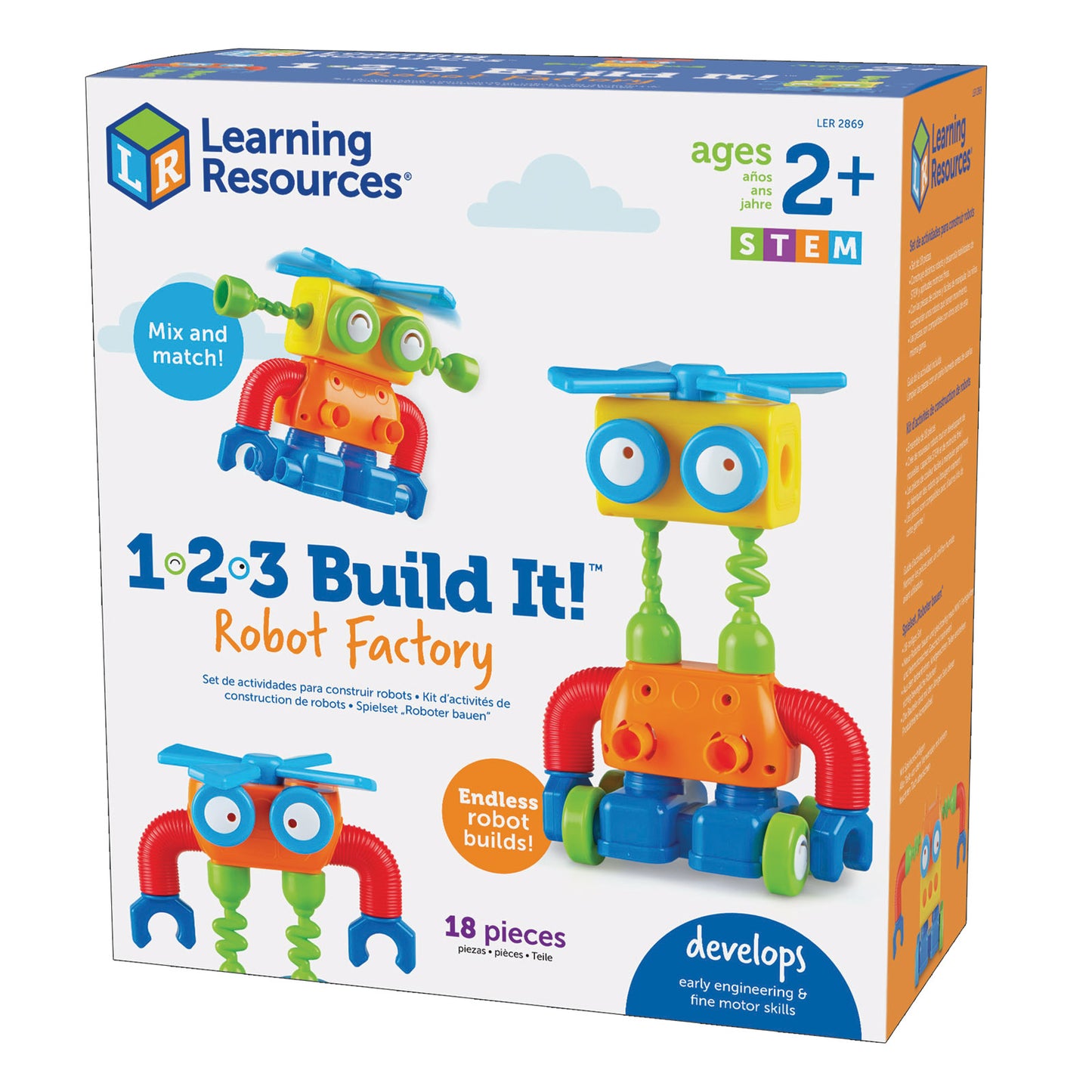 Learning Resources 1-2-3 Build It! Robot Factory building set with colorful plastic pieces in blue, green, orange, and red; shows three different robot configur
