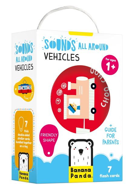 Banana Panda Sounds All Around Vehicles flash card set packaging showing red vehicle-shaped card, yellow bus illustration, and blue wave design with "for ages 1