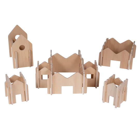 Natural wood building set with 28 interlocking pieces including house-shaped structures, towers, and architectural blocks on plain background