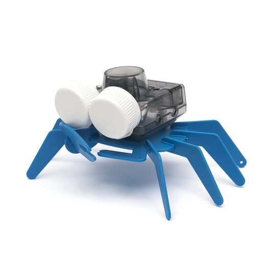 Blue robotic crab with white wheels and transparent gray motor housing on plain white background