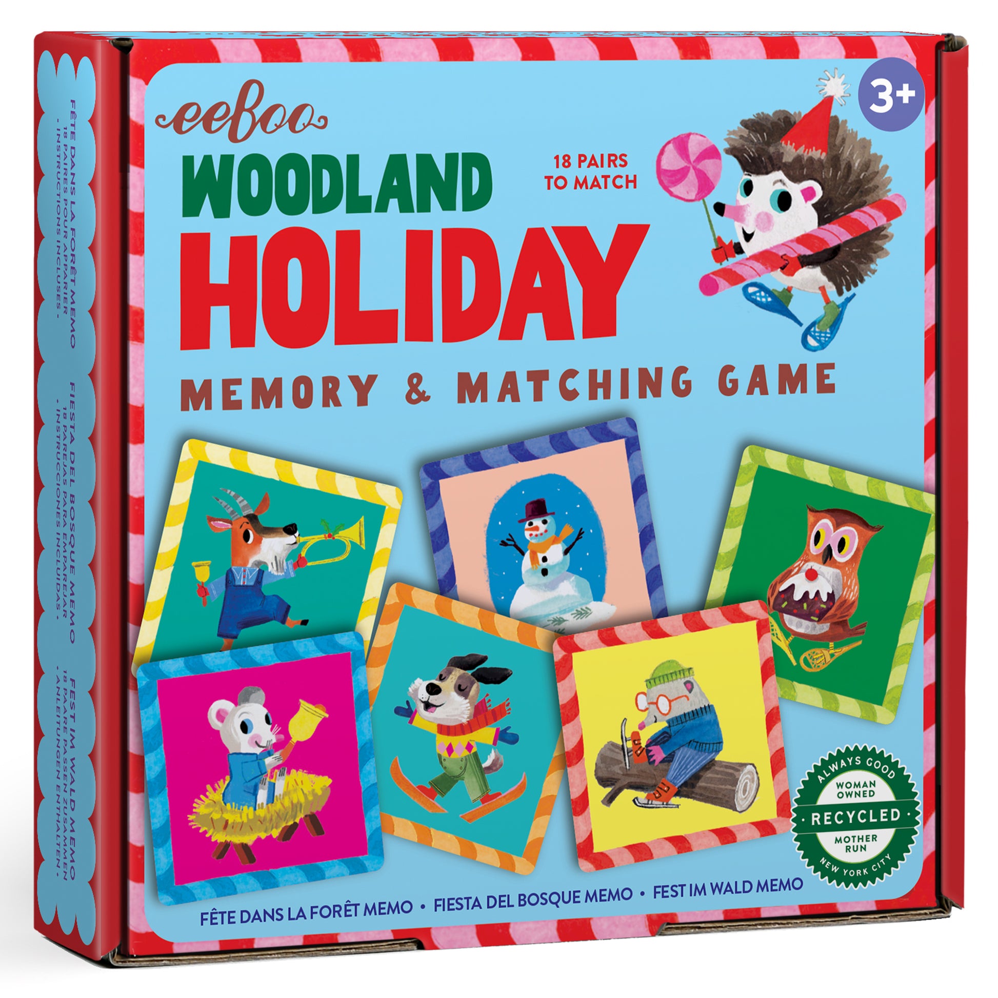 eeBoo Woodland Holiday Memory & Matching Game box showing colorful game cards with holiday-themed woodland characters and a cheerful character on the cover, mar