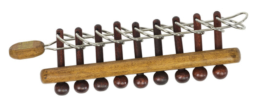 Wooden puzzle game with dark wood pegs connected by metal wires, wooden balls on base, and handles on ends