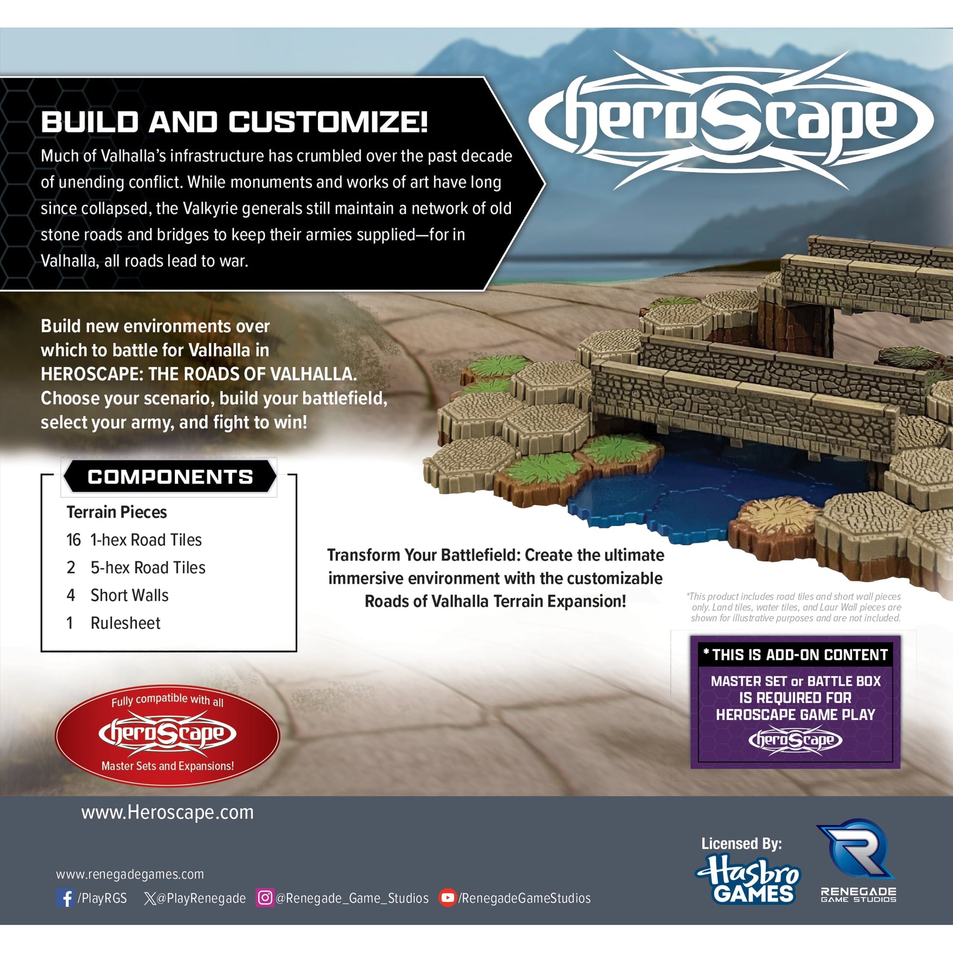 Heroscape Roads of Valhalla terrain expansion set with road tiles, walls, and battlefield pieces