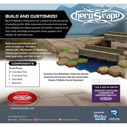 Heroscape Roads of Valhalla terrain expansion set with road tiles, walls, and battlefield pieces