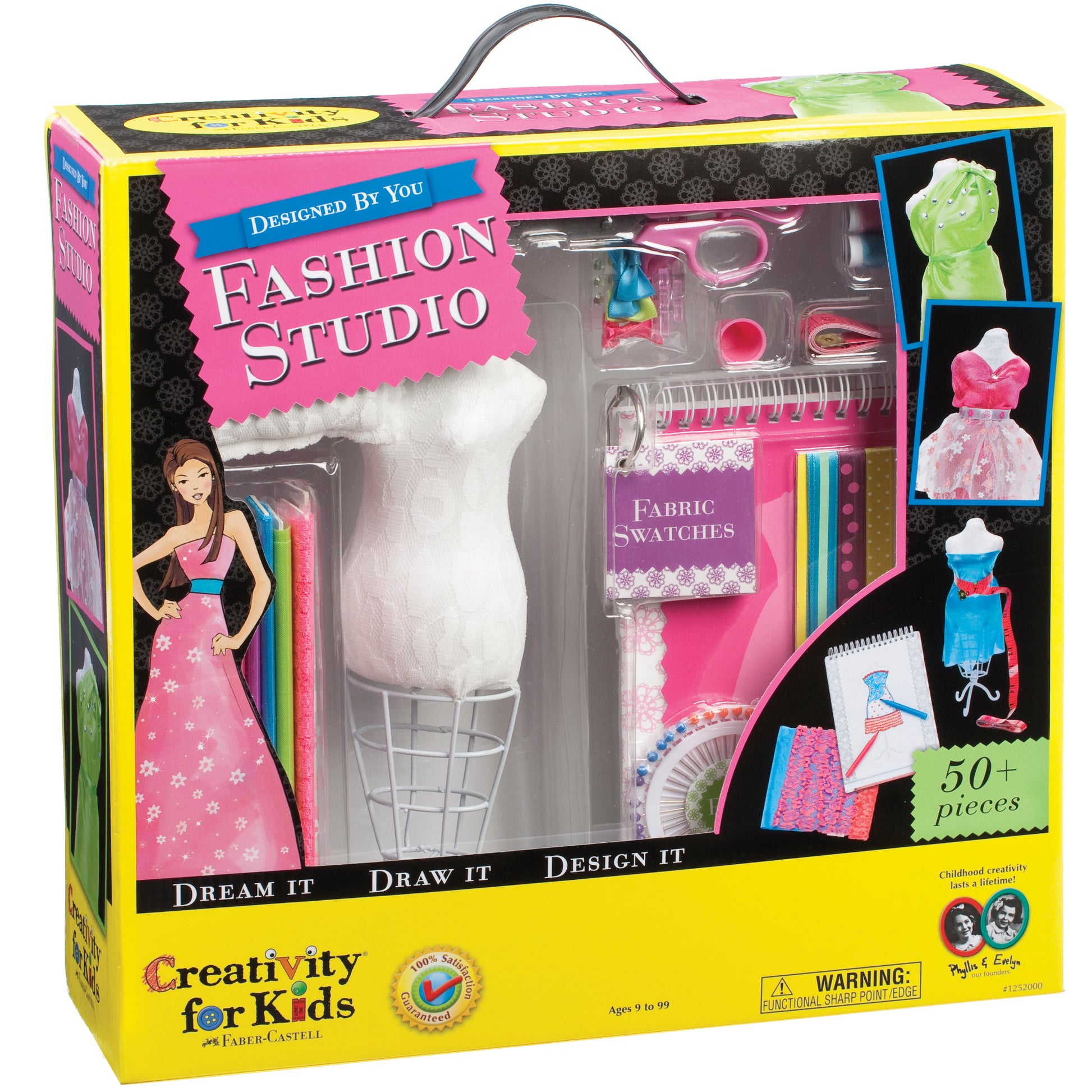 Creativity for Kids Designed by You Fashion Studio box showing dress form, fabric swatches, design tools, and sample outfits; includes 50+ pieces for fashion de