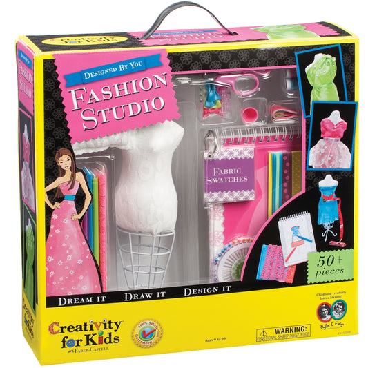Creativity for Kids Designed by You Fashion Studio box showing dress form, fabric swatches, design tools, and sample outfits; includes 50+ pieces for fashion de