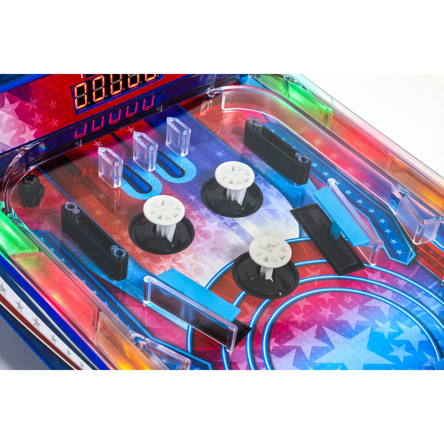 Retro Arcade Electronic Pinball machine with colorful LED lights, flippers, and star design