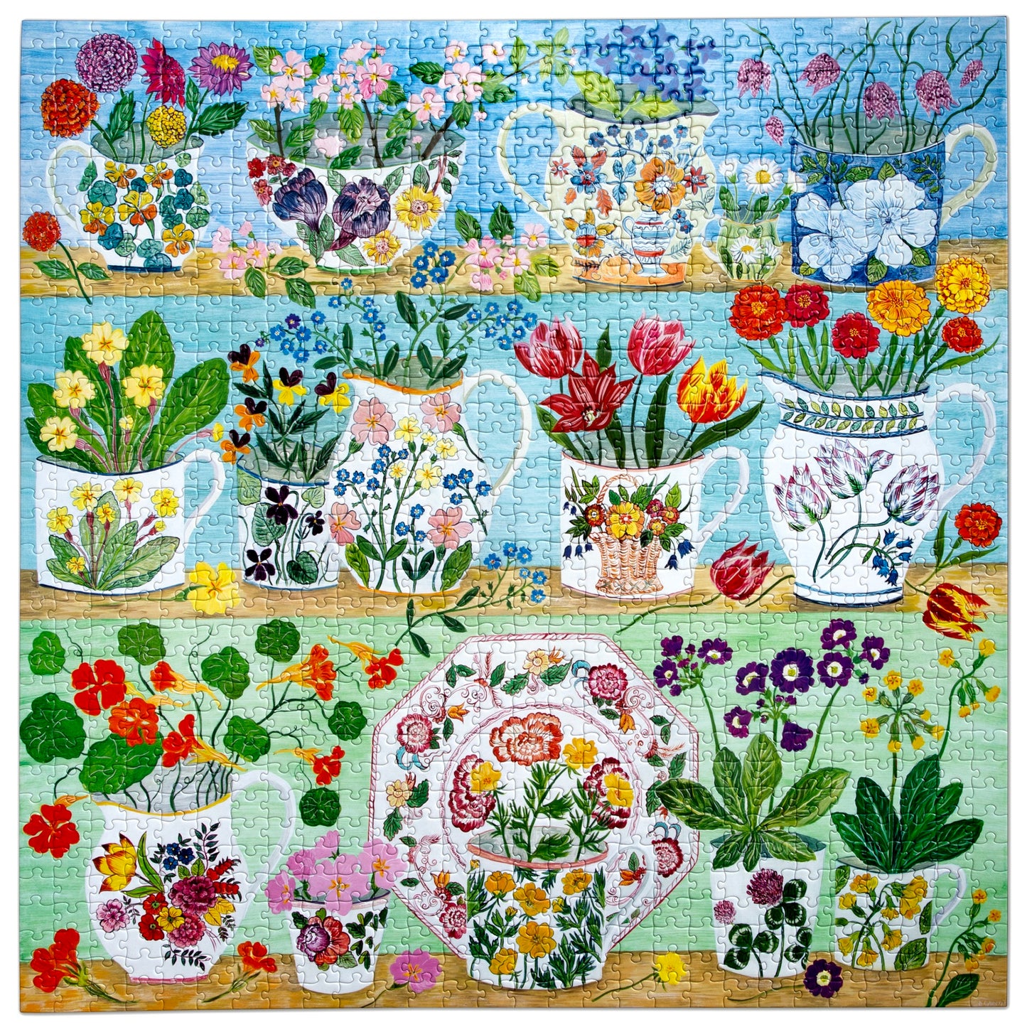 eeBoo Floral Cupboard 1000-piece jigsaw puzzle featuring colorful botanical illustrations and vintage china vases
