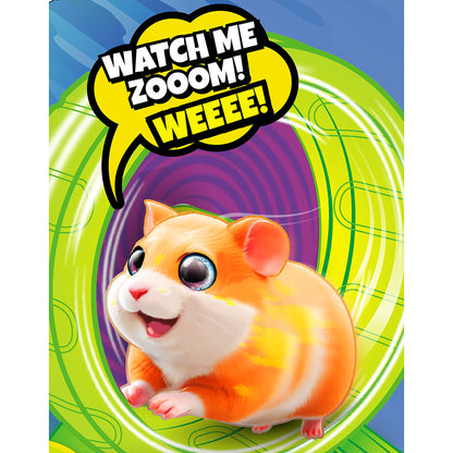 Zooomie Pets orange and white hamster toy with large blue eyes and yellow speech bubble saying Watch Me Zooom Wheeee