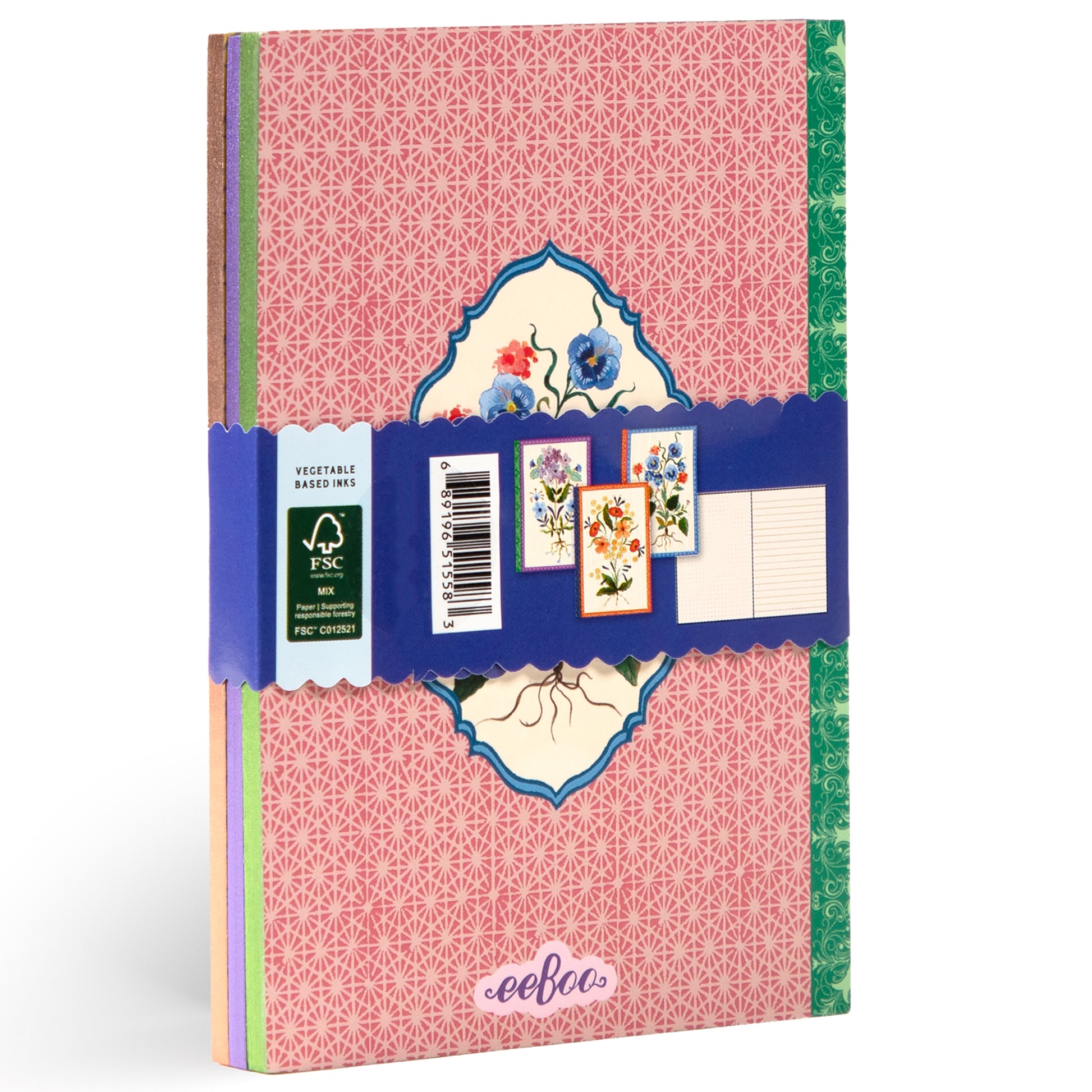 Piece&Love Flora's 3-Pack Mini Notebooks with pink patterned cover, blue decorative frame with floral illustrations, colorful spine, and FSC certification label