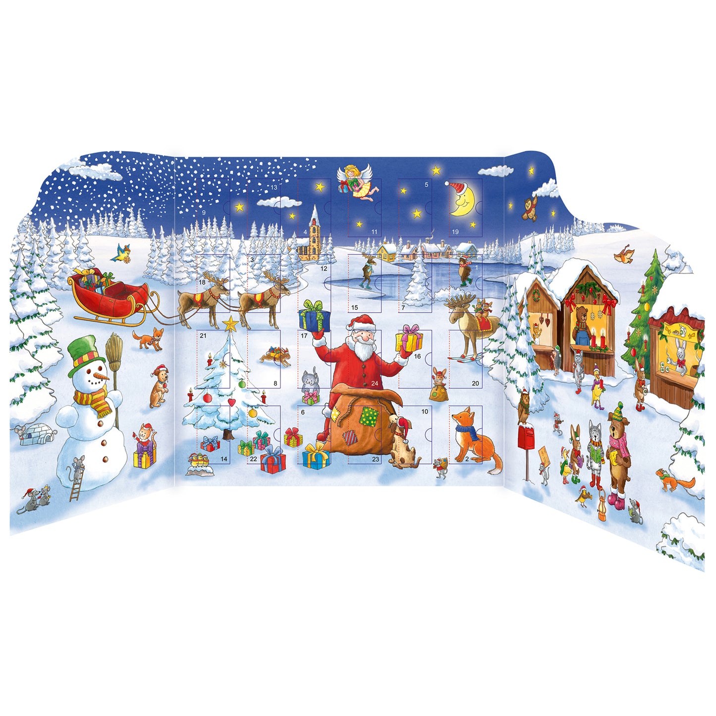 Sticker Book Advent Calendar with 24 doors featuring Santa, snowman, and winter scenes