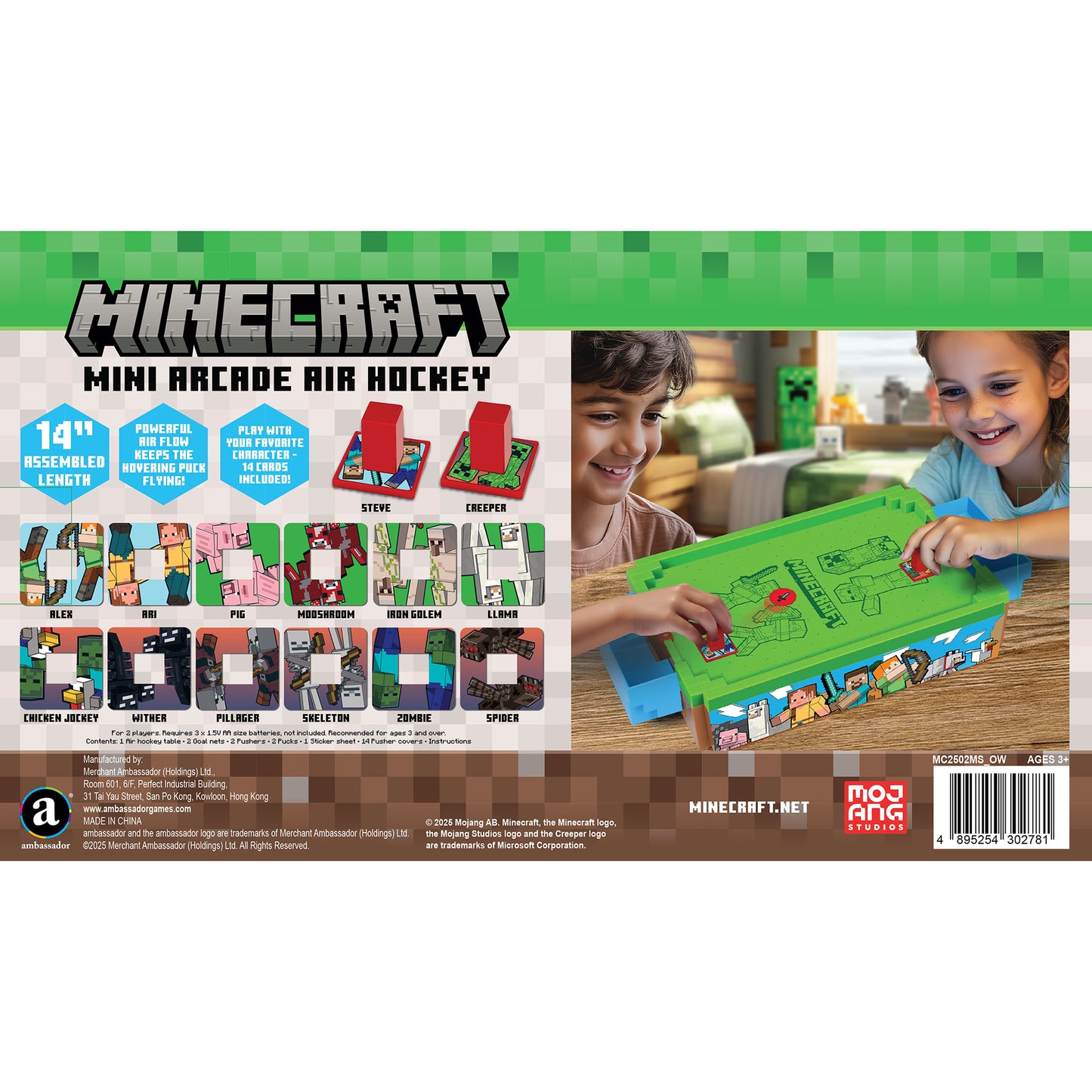 Minecraft Mini Air Hockey game with green playing surface and character cards, 19 inches assembled