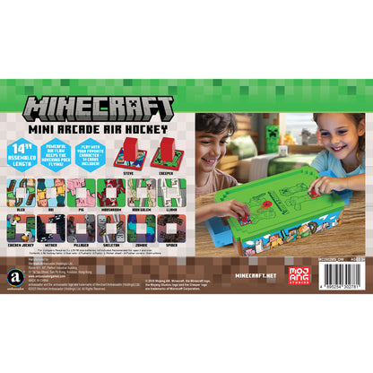 Minecraft Mini Air Hockey game with green playing surface and character cards, 19 inches assembled