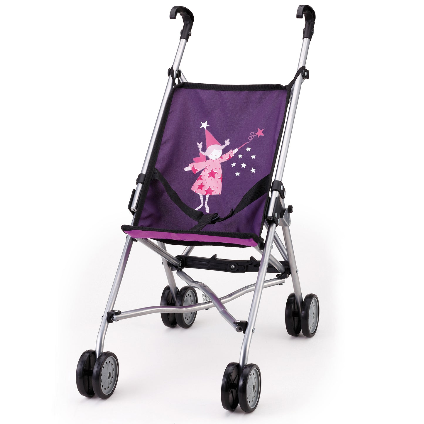 Purple umbrella stroller with silver frame and black wheels, decorated with illustration of pink fairy with wand and stars on fabric canopy