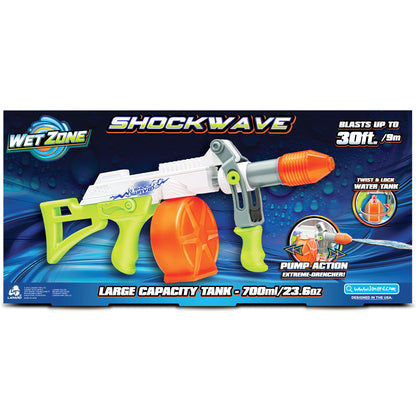 Shock Wave water blaster by Wet Zone with lime green grip, orange tank, 30ft range
