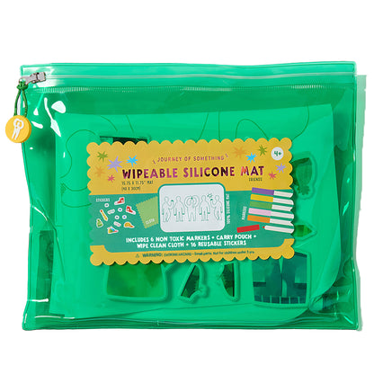 JOS Wipeable Silicone Mat Friends - Green carry pouch with markers and reusable stickers