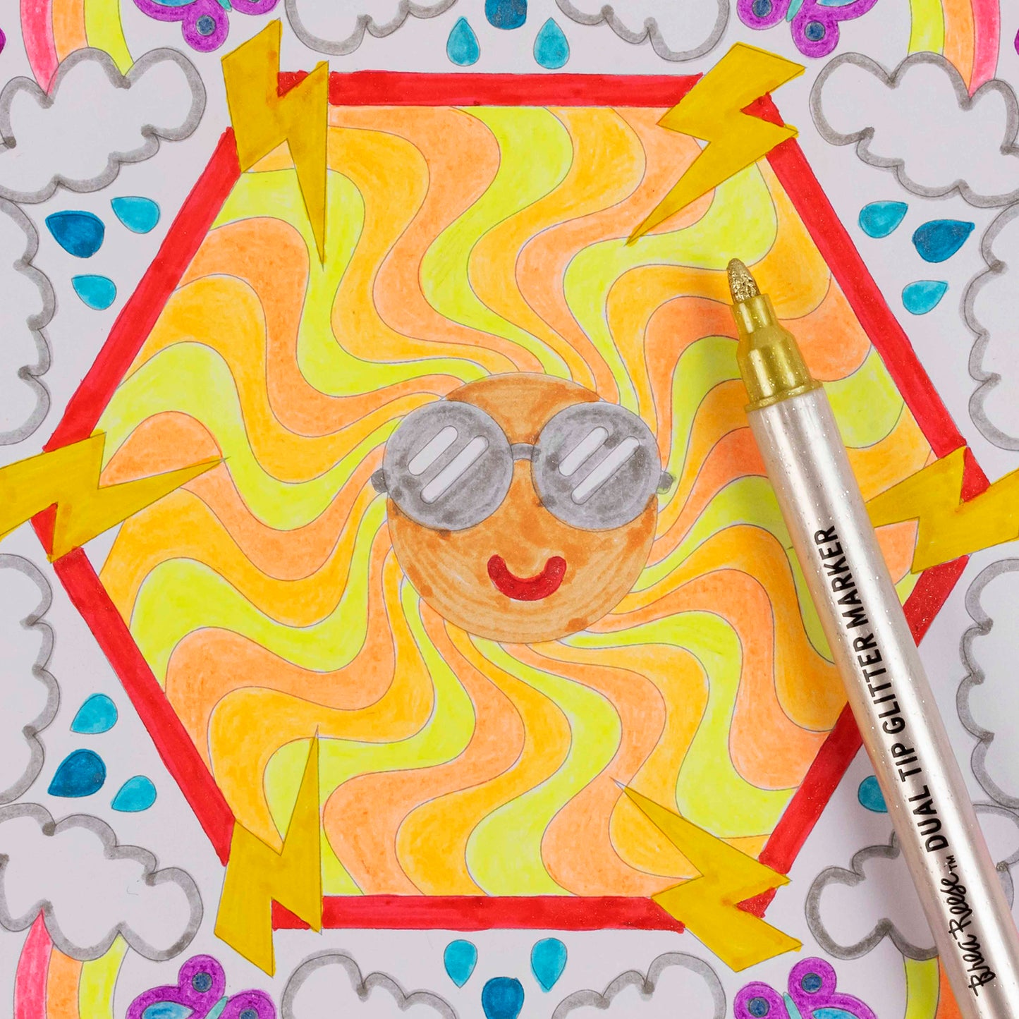 Mixed Media Coloring Pad Mandala with glitter marker and bright yellow, orange, lime designs