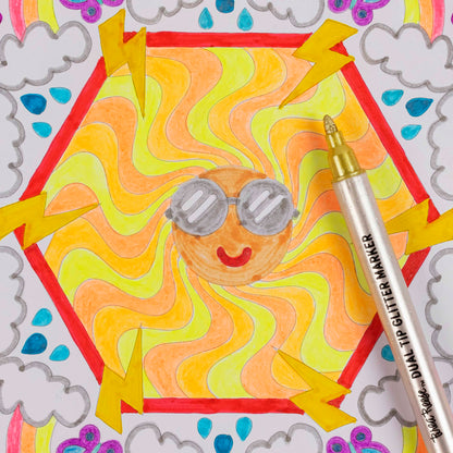 Mixed Media Coloring Pad Mandala with glitter marker and bright yellow, orange, lime designs
